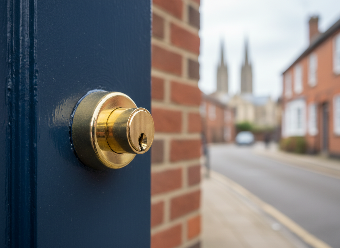 A close-up of a high-security euro cylinder lock set into a freshly painted dark blue composite front door, the polished brass keyway and escutcheon plate gleaming with fine machining marks. The door sits in a neat brick doorway of a Salisbury townhouse, with the blurred suggestion of cathedral spires in the far background. Soft overcast daylight from the left creates gentle reflections along the lock’s curved edges and subtle shadows in the keyway. Photographic realism, eye-level composition with shallow depth of field, the lock sharply in focus while the bricks and street beyond fall into smooth bokeh. The mood is professional, secure and reassuring, ideal for a master locksmith service homepage.
