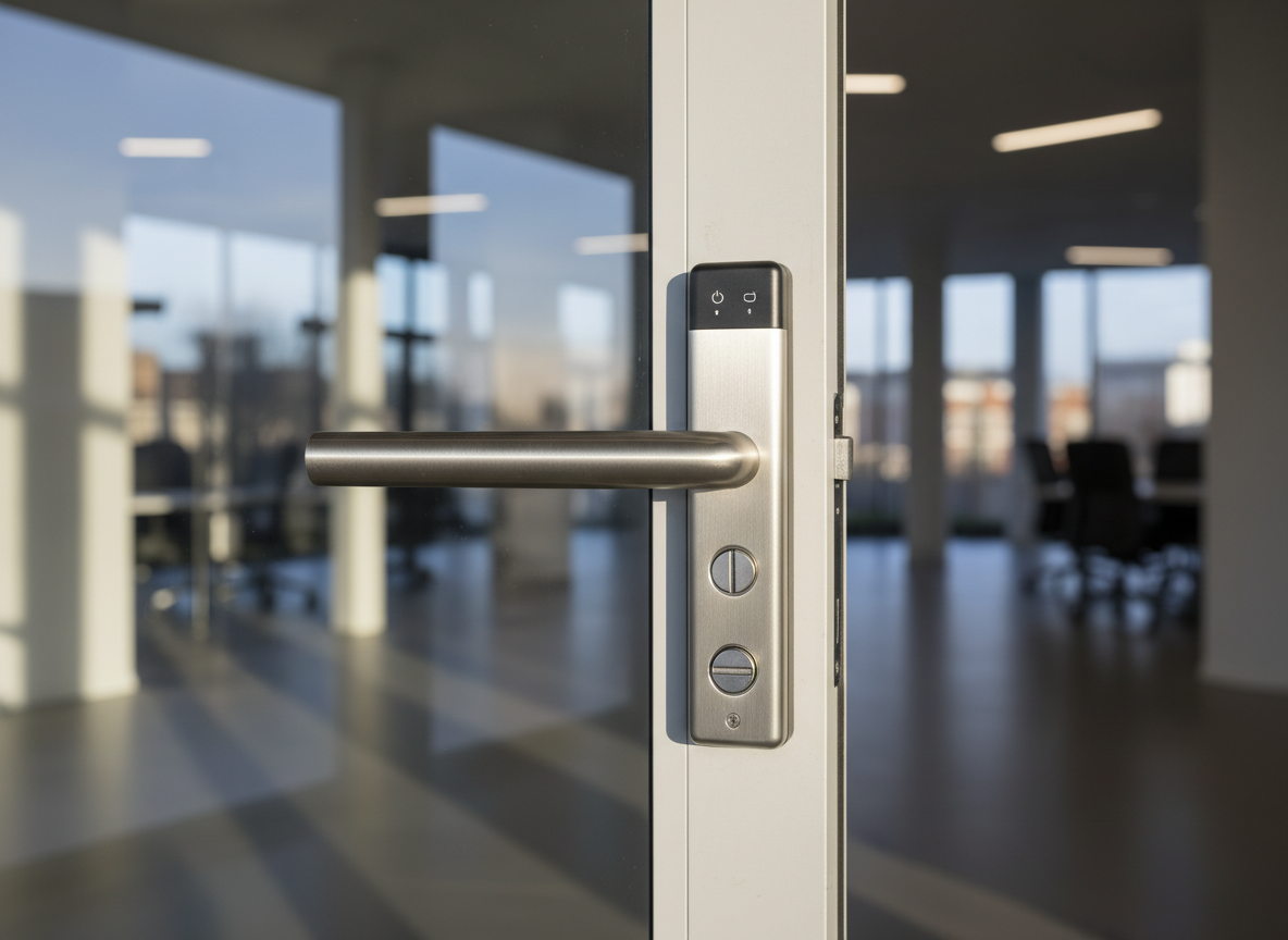 A sturdy commercial aluminum-framed glass door of a modern office building, fitted with a robust stainless steel panic bar and a neatly installed digital access control keypad beside it. The brushed metal surfaces show fine linear texture and precise edges, with a mortice lock visible in the narrow stile. Reflections of Salisbury’s cityscape shimmer softly in the glass. Late afternoon natural light streams across the facade, casting clean, elongated shadows and highlighting the crisp geometry. Photographic realism, wide-angle shot using rule-of-thirds composition, with the locking hardware as the clear focal point. The mood is corporate, efficient, and highly secure, perfect for illustrating commercial locksmith capabilities.